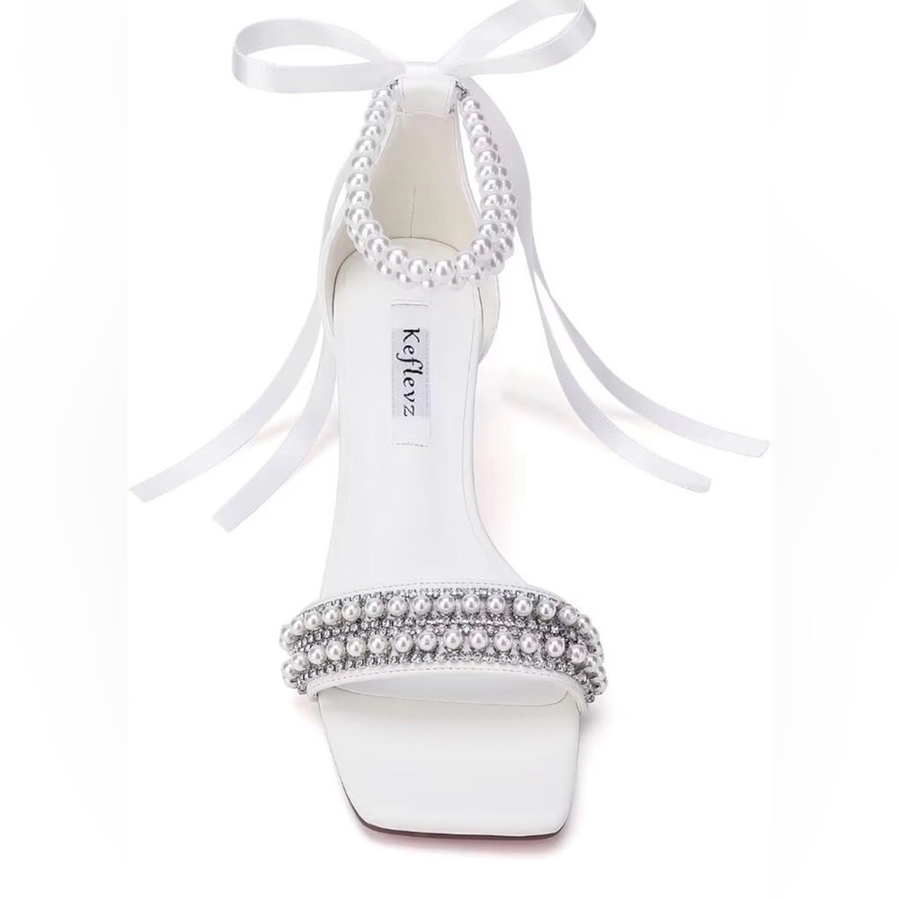 White Pearl-Embellished Ankle Tie Heels